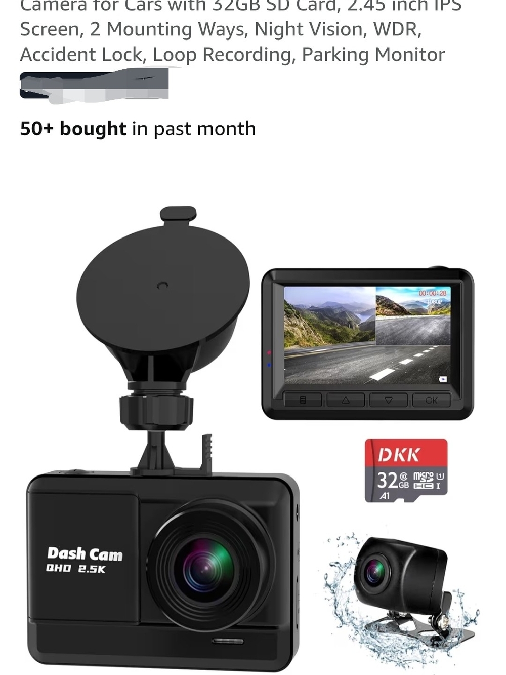 DKK Black Dual-Channel 2.5K Dash Cam with Rear Camera and 32GB Card